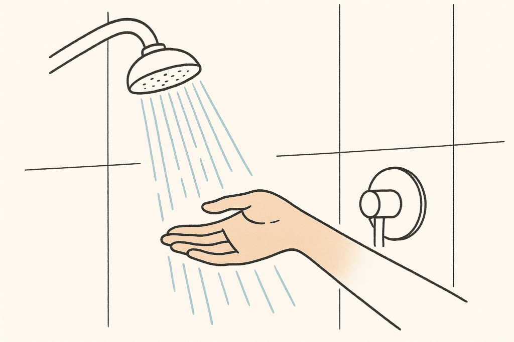 Une main qui vérifie la température de l'eau de sa douche